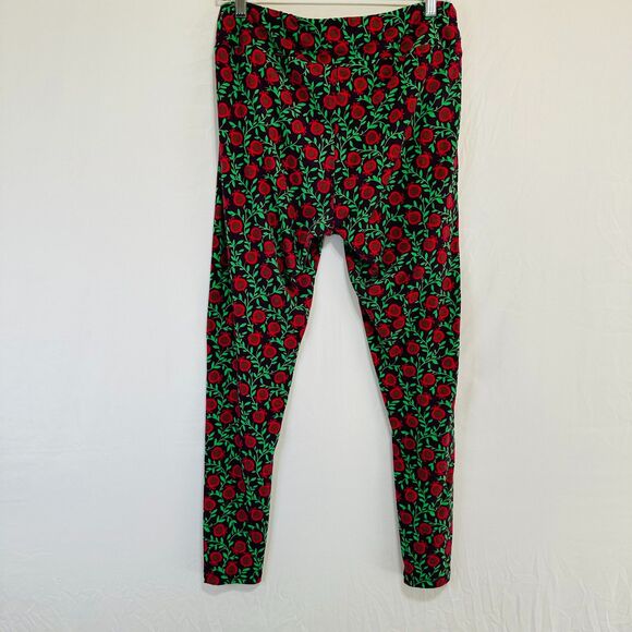 LuLaRoe Women's Tall & Curvy Leggings Red/Green Floral Pattern Black Background - Picture 4 of 4